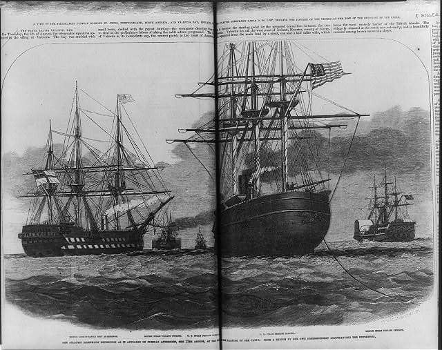 Historical engraving of the Atlantic Telegraph Expedition at the moment of the cable parting.