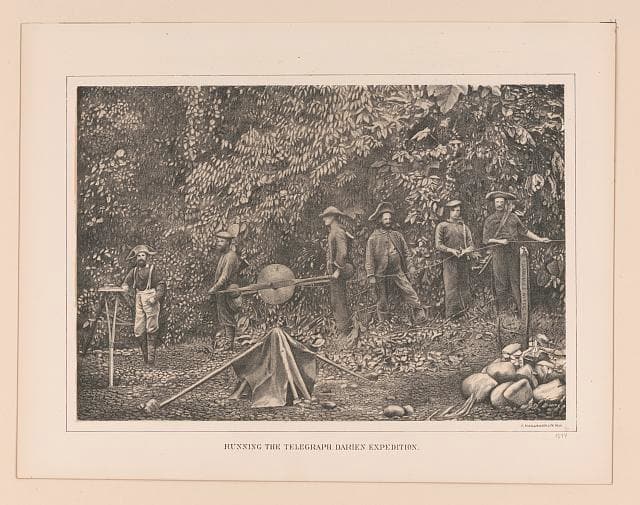 Historical print of workers running telegraph lines during the Darien expedition.